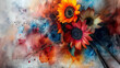 © Nadia - A stunning painting depicts a sunflower bouquet set against a pristine white backdrop, with splashes of brilliant blues, fiery reds, vibrant oranges, and