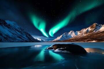 Poster - A realistic night sky filled with the Northern Lights, casting a green and purple glow over a frozen tundra