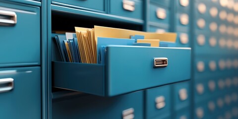 Poster - metal file cabinets with open digital documents in the background,