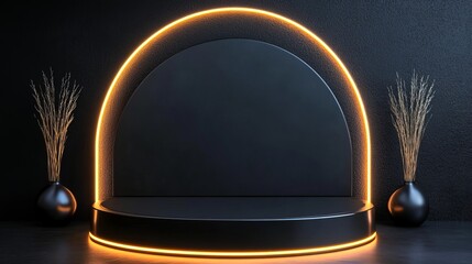 Poster - Sleek Black Podium with Soft Neon Outlines, Modern and Sophisticated for Tech Showcases
