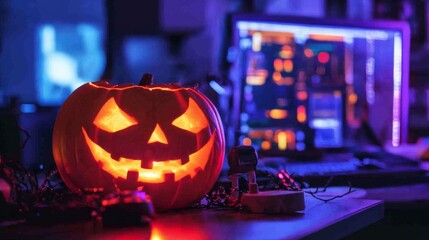 A lit jack-o-lantern sits on a desk in front of a computer screen with blue and purple lighting.