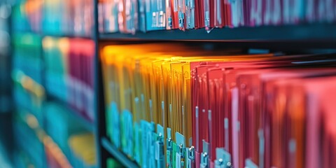Poster - A close-up of medical records in a file cabinet, focusing on the various files and documents, symbolizing the clinic's need for a digital recording system. 