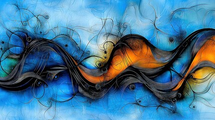 Wall Mural -   Blue-and-orange wave with swirls and bubbles on a blue background, set against a blue sky