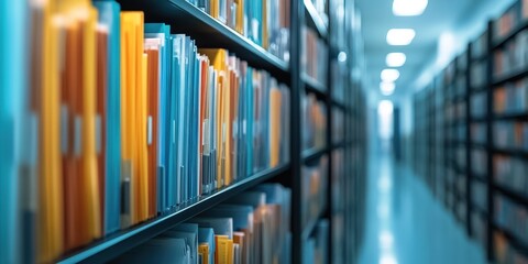 Poster - A close-up of medical records in a file cabinet, focusing on the various files and documents, symbolizing the clinic's need for a digital recording system. 
