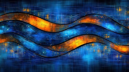 Wall Mural -   A painting depicts an orange and blue wave in the foreground, with stars in the sky above it on a blue and orange background