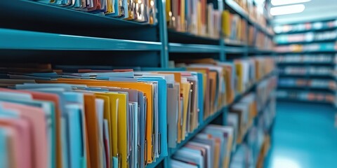 Poster - A close-up of medical records in a file cabinet, focusing on the various files and documents, symbolizing the clinic's need for a digital recording system. 