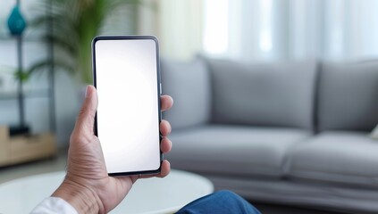 Man holding a blank screen mobile phone in his hand in a closeup photo. His hands are using a smartphone