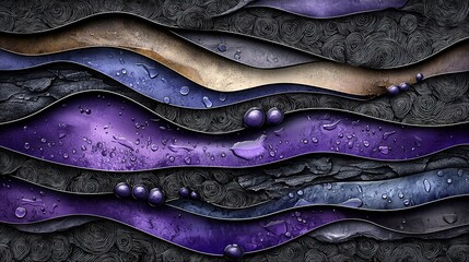 Wall Mural -   A zoomed-in photo of a water droplet painting on a dark purple and black canvas, featuring rippling waves and small dots beneath it