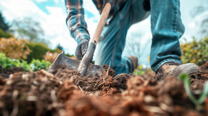 man digs the ground with a shovel