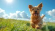 © F - A happy dog running joyfully across a sunlit grassy field, showcasing a lively and energetic scene