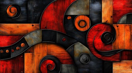   A stunning painting in reds, oranges, and blacks featuring circular and curving motifs against a black backdrop with contrasting white dots