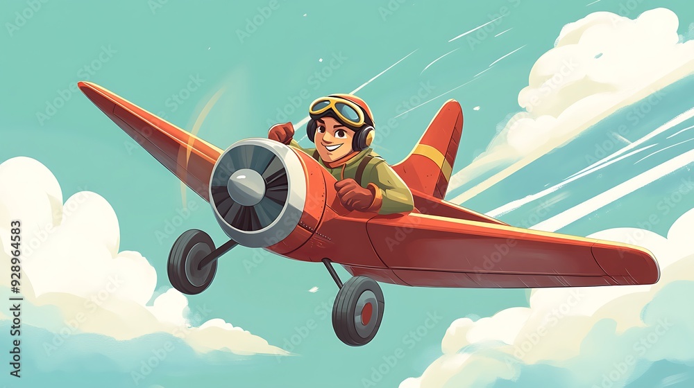 An illustration in cartoon style featuring a skilled pilot performing ...