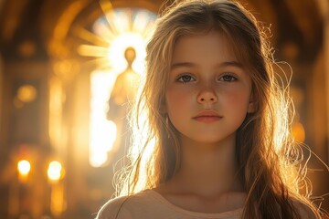 Wall Mural - young girl in prayer at a church altar bathed in warm cinematic lighting as an ethereal figure of jesus offers a blessing