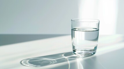 A transparent glass water cup filled with clean, pure water, illuminated by sunlight against a white background