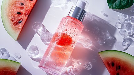 A bottle of pink liquid with watermelon slices and ice cubes on a white background.