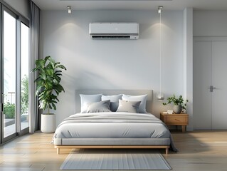 Canvas Print - Modern Bedroom Interior with Air Conditioner and Balcony View.