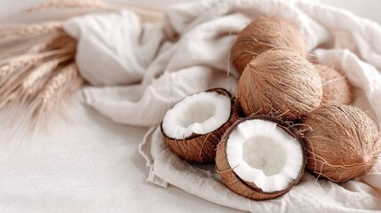 Sticker -   A cluster of coconuts on a white cloth beside a heap of coconuts on a white cloth