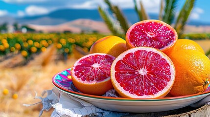 Wall Mural -   A bowl of grapefruits rests on a table amidst a grove of oranges, with a palm tree as the backdrop