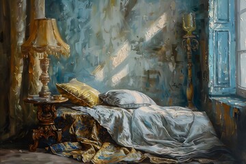 Canvas Print - Sunlit Bedroom with Golden Accents.