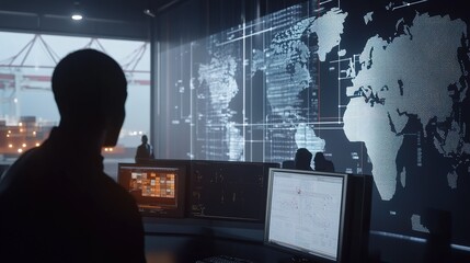 Poster - Operator monitoring global data in a high-tech control room during evening hours