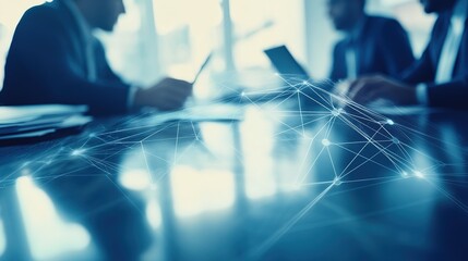 Poster - Business professionals collaborating in a modern office with a digital overlay of network connections and data analysis