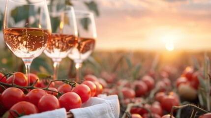   A collection of wine glasses resting atop a table brimming with tomatoes, fruits, and vegetables