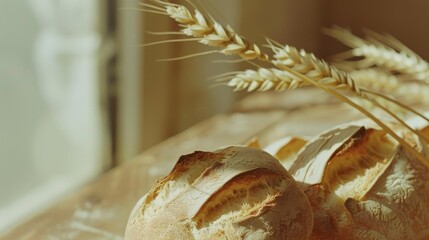 Wall Mural - Two freshly baked artisan loaves with wheat stalks, softly lit by daylight on a rustic kitchen countertop.