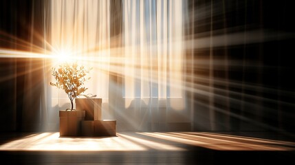 Wall Mural -   A vase containing a plant sits near a window with sun shining through the curtains