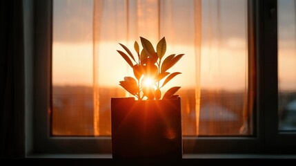 Wall Mural -   A sunlit potted plant sits in a window, with the sill behind it providing bright illumination