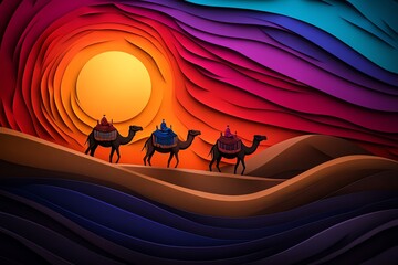 Poster - A vibrant illustration capturing the rhythm and movement of a camel caravan in a stylized, almost musical flow across the desert