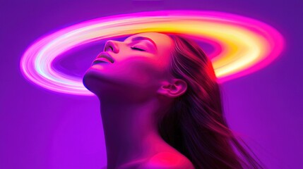 Sticker -   A woman with closed eyes stands against a purple backdrop, radiating a circular beam of light from her head