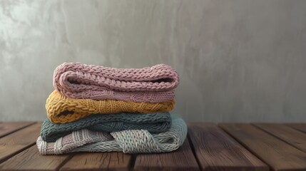 Softly lit stack of cozy, knit sweaters folded neatly on a wooden surface, evoking warmth and comfort against a muted background.