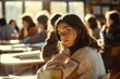 © Olsek - A thoughtful young girl sits in a classroom filled with students. The warm sunlight casts soft shadows. This image captures a moment of introspection. Generative AI
