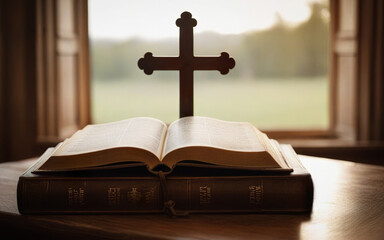 Wall Mural - open bible and wooden cross crucifix