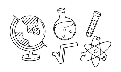 Poster - Hand-drawn School Science Doodles Including Globe, Flask, Test Tube And Atom Sketches. Monochrome Black and White Vector