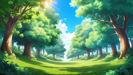 Wall Mural - sunlit forest anime generative ai