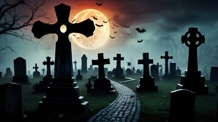 Silhouette of cross and tombstone at halloween graveyard