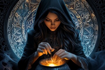 Poster - A watercolor depiction of a witch brewing a potion in her cauldron