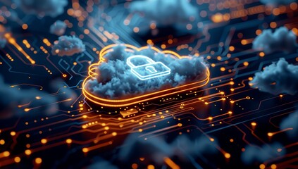 A cloud with a padlock icon floating over an abstract digital circuit board, symbolizing the security of data in clouds and technology. 