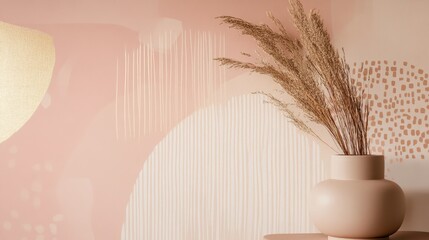 Wall Mural - A minimalist interior featuring a soft pink wall and a vase with dried plants.