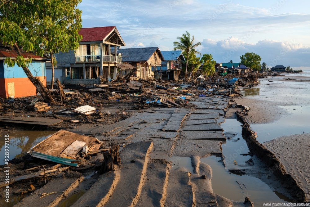 Image depicts flood-damaged houses with debris littering the streets ...