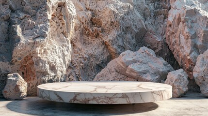 Poster - Marbled pedestal placed on rugged rock formation during bright daylight