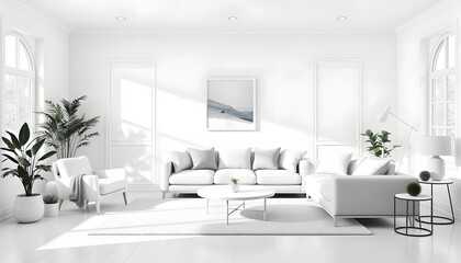 White living room with sofa. Scandinavian interior design. 3D illustration isolated with white highlights, png