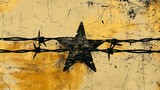 Star symbol behind a barbed wire fence on a textured yellow background