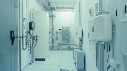 A sterile, modern industrial space with advanced equipment, clean lines, and white walls, emphasizing a clinical and high-tech environment.