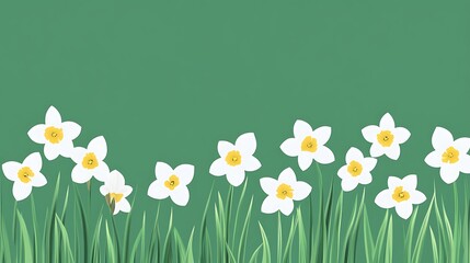 Wall Mural - Pure White Narcissus Flower Border - Fresh Flat Vector Illustration with Green Background