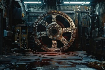 A large metal wheel sits inside a building