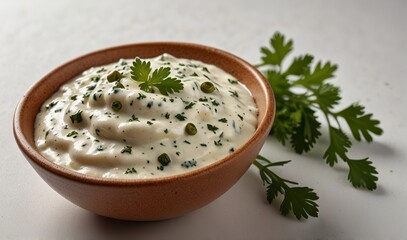 Wall Mural - bowl with tartar sauce made with mayonnaise, capers, lemon juice, and parsley, isolated on a white background