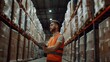 © VK Studio - A warehouse worker in a reflective vest stands with a clipboard, surrounded by tall shelves stacked with boxes, representing logistics and inventory management.