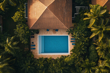 Wall Mural - Aerial view pool villa with swimming pool in the jungle view, Landscape view of modern house with pool for recreation.	